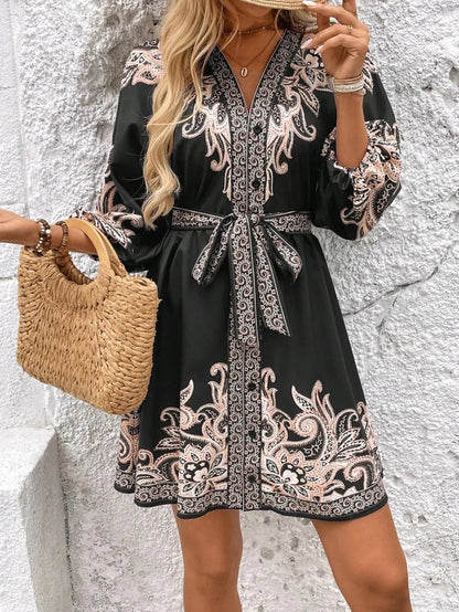 Paisley V-Neck 3/4 Sleeve Mini Dress